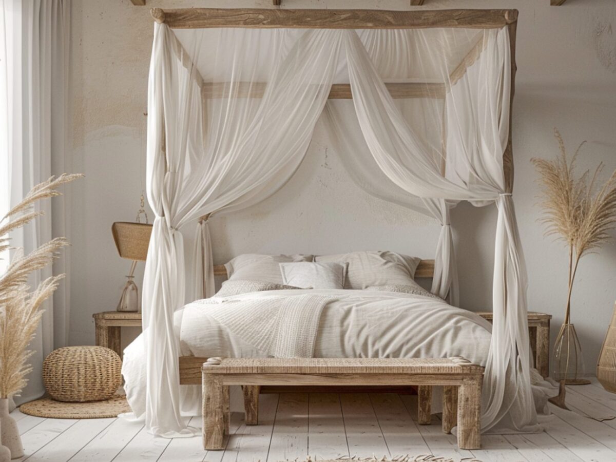 Drewniane łóżko z baldachimem i białą moskitierą w stylu boho