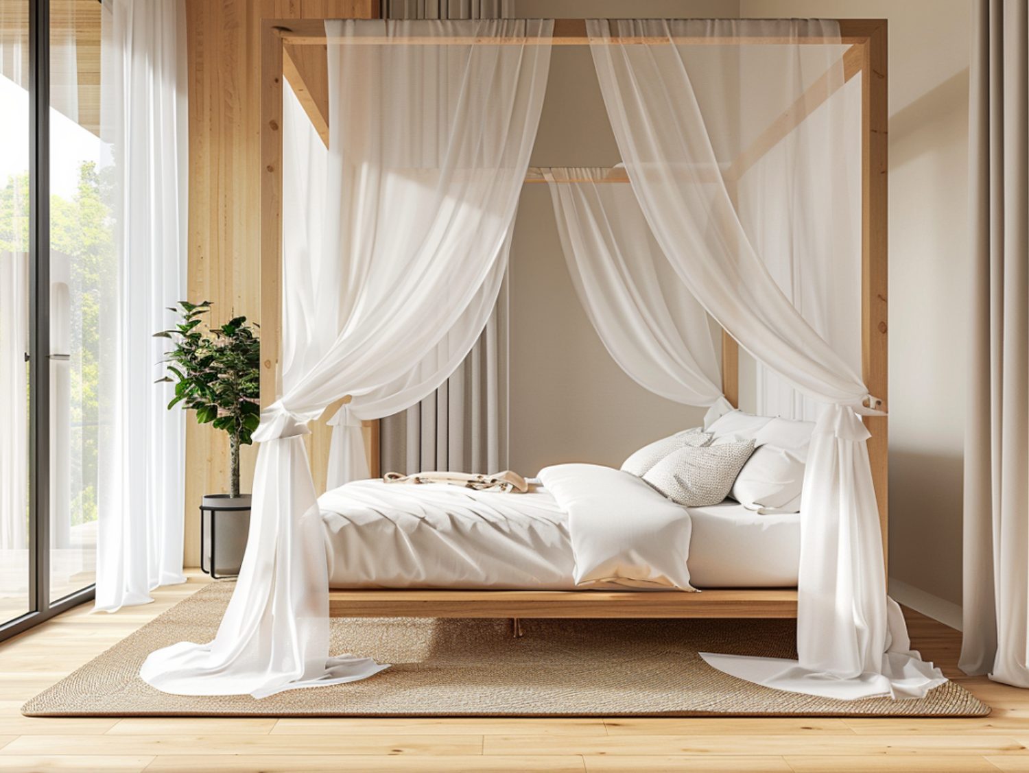 Drewniane łóżko z baldachimem i białą pościelą w klasycznym wnętrzu