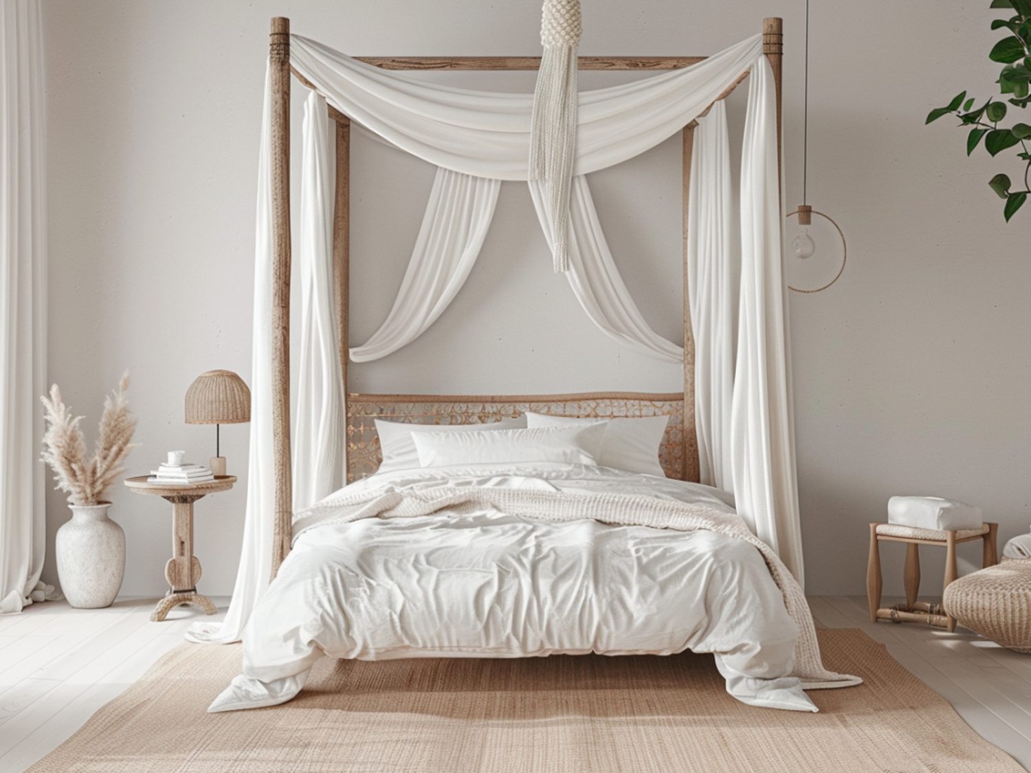 Białe łóżko z baldachimem i drewnianą ramą w romantycznym stylu