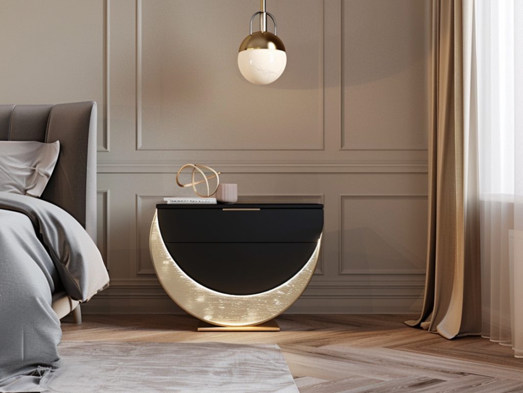 Złoty stolik nocny z czarnymi elementami w eleganckim salonie