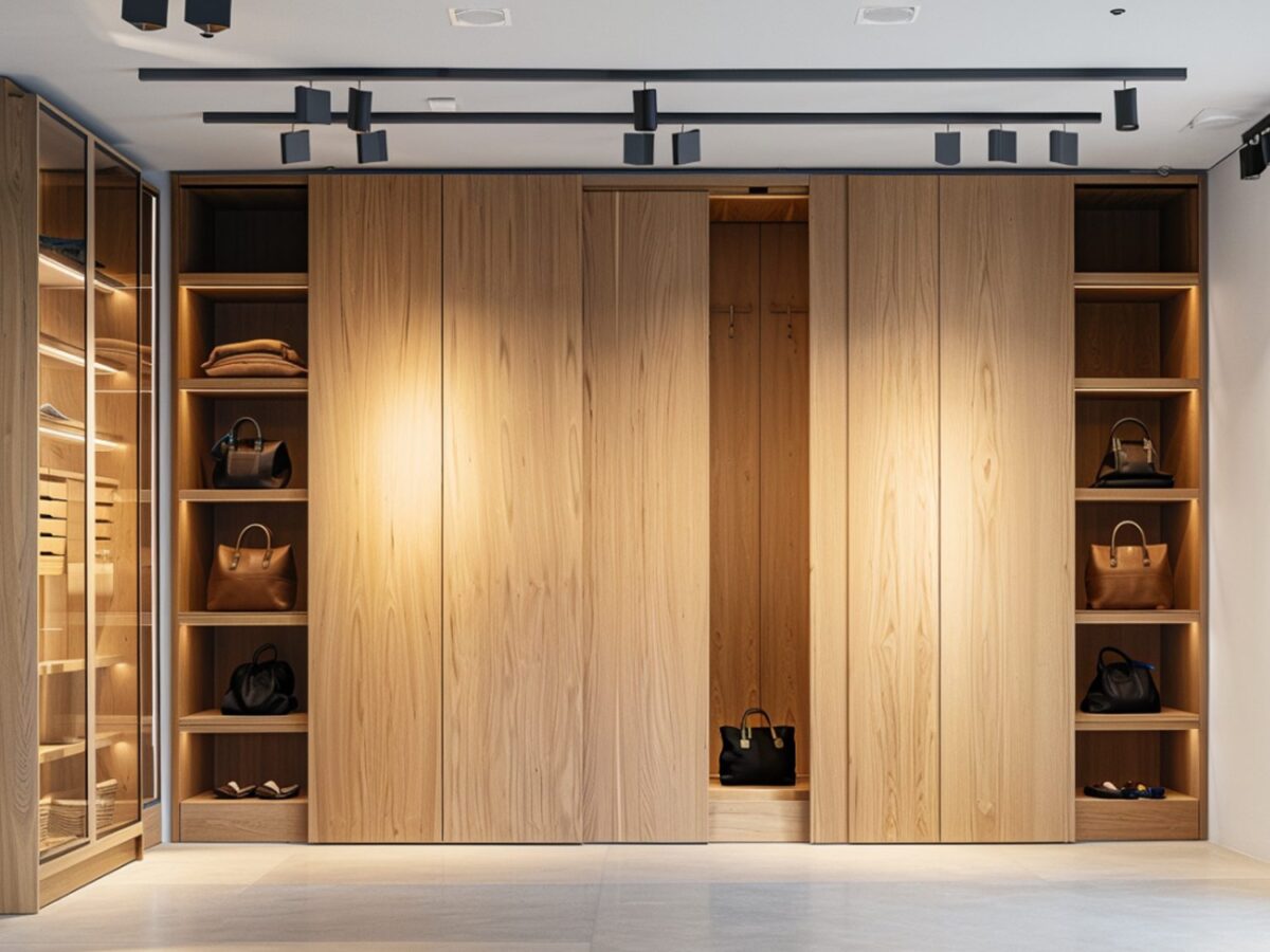 Szafa przesuwna z drewnianymi drzwiami w nowoczesnym wnętrzu