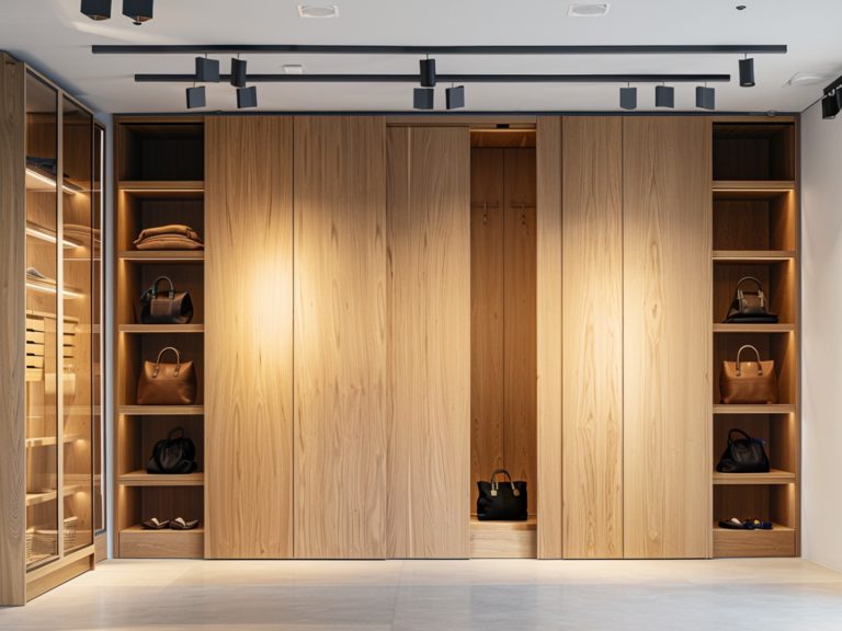 Szafa przesuwna z drewnianymi drzwiami w nowoczesnym wnętrzu