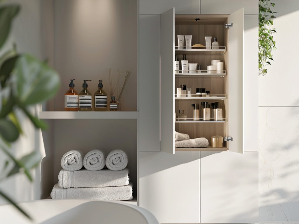 Nowoczesna zabudowa łazienkowa w stylu minimalistycznym z białą szafką