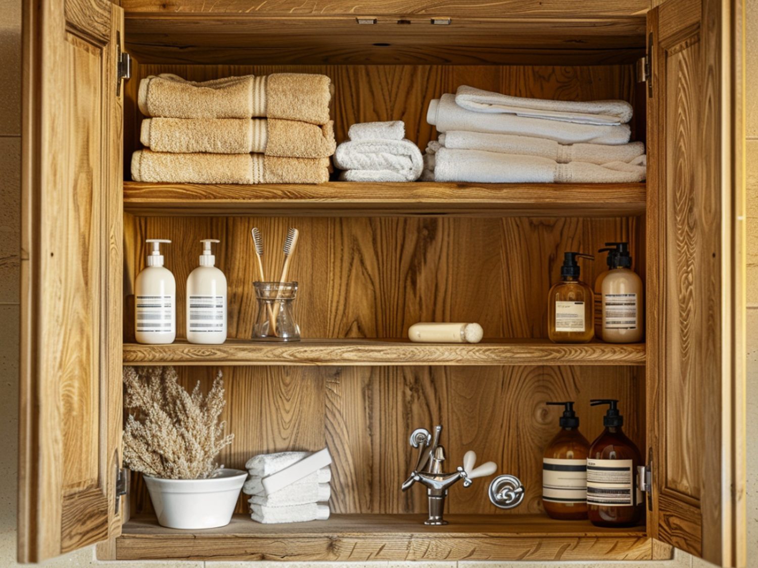 Drewniany regał łazienkowy z litego dębu w stylu rustykalnym