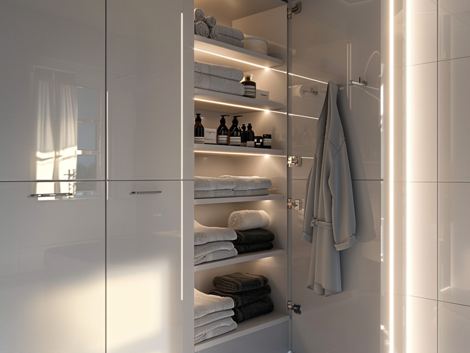 Garderoba z białą zabudową i oświetleniem LED na półkach