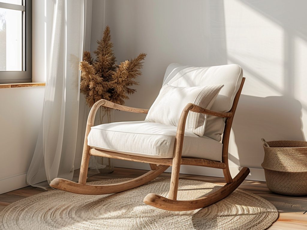 Skandynawski fotel bujany z jasnego drewna bukowego i kremowej tkaniny