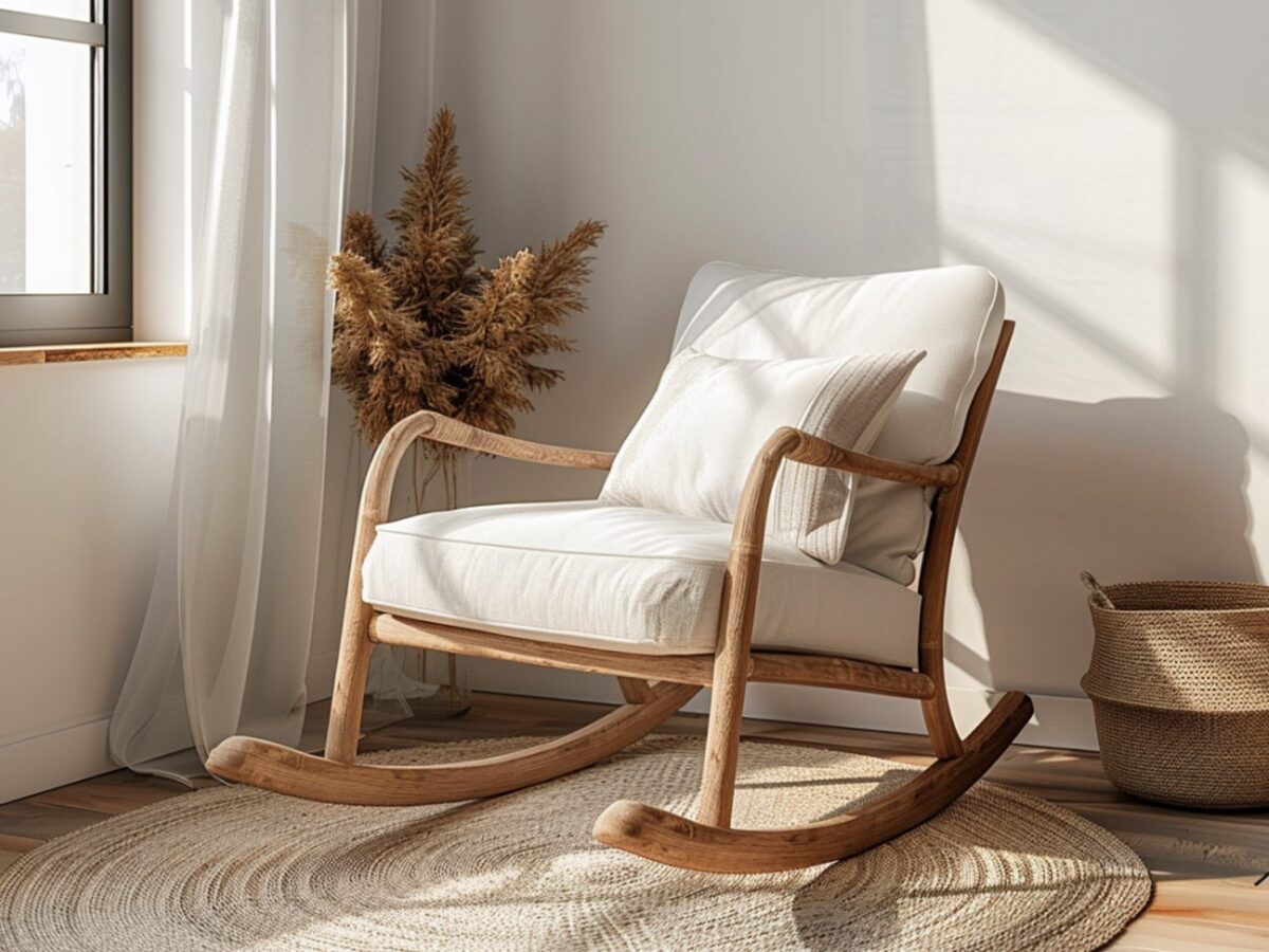 Skandynawski fotel bujany z jasnego drewna bukowego i kremowej tkaniny
