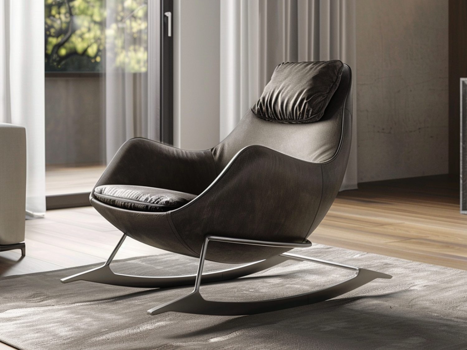 Nowoczesny fotel bujany z grafitową tapicerką i metalową podstawą