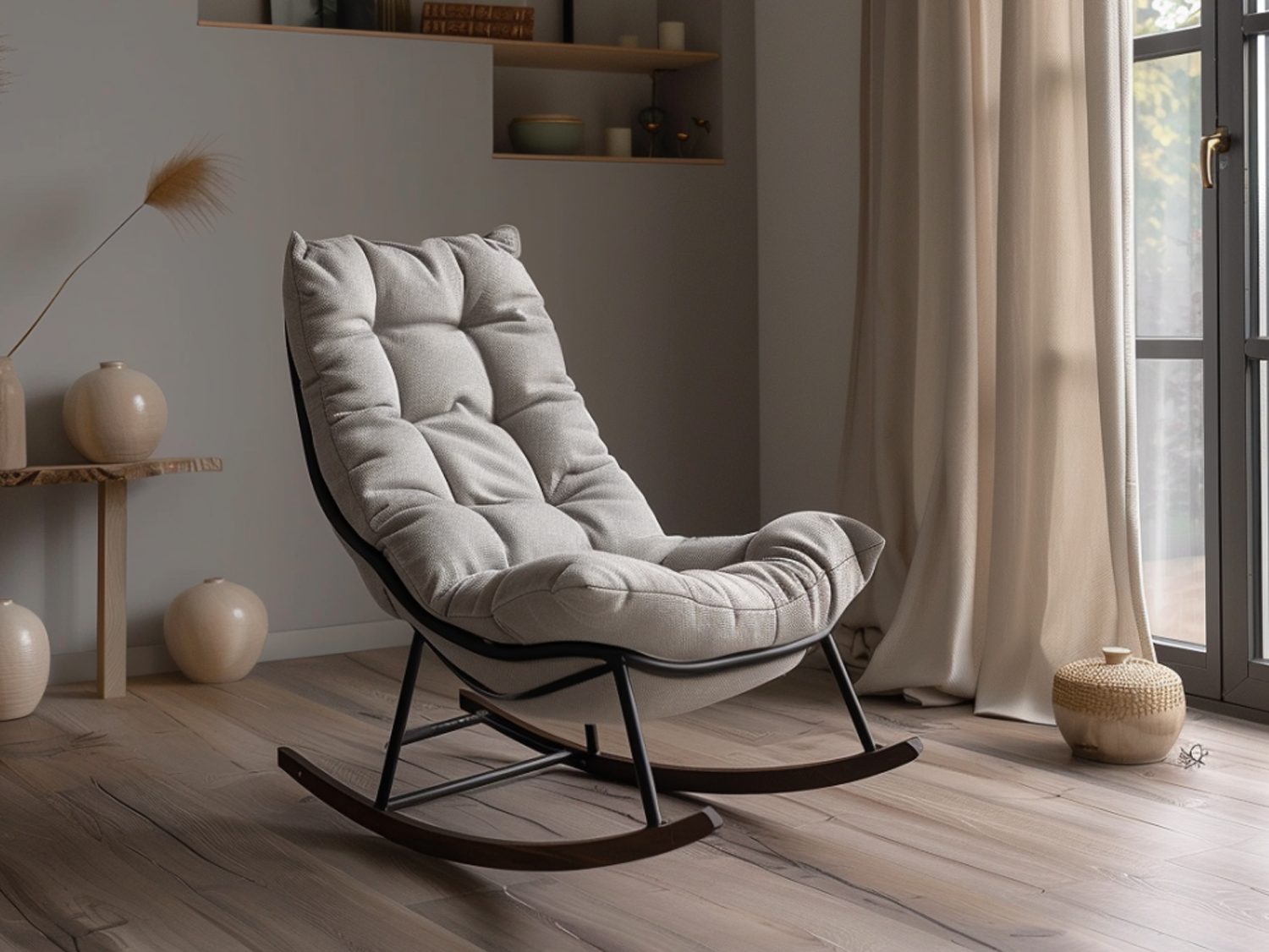 Designerski fotel bujany z pikowanym siedziskiem w nowoczesnym salonie