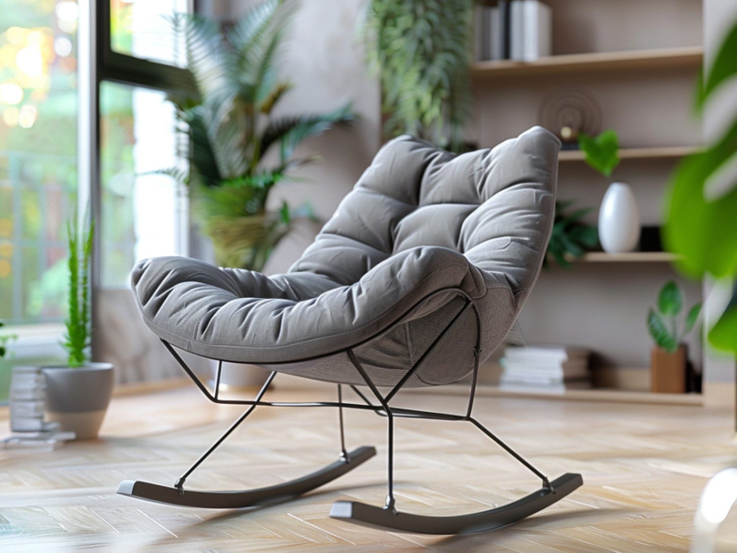 Designerski fotel bujany z pikowanym siedziskiem w nowoczesnym salonie