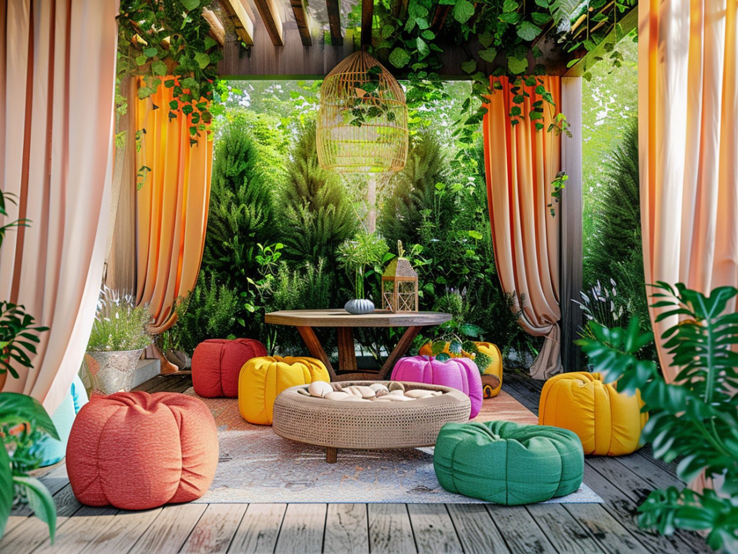 Kolorowy kącik ogrodowy z poduszkami i zasłonami na pergoli
