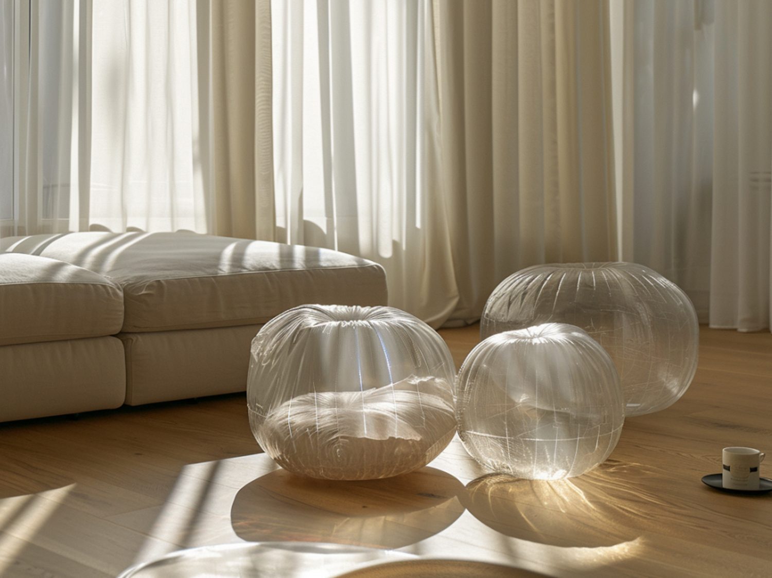 Jasny salon z dwiema przezroczystymi pufami i zasłonami