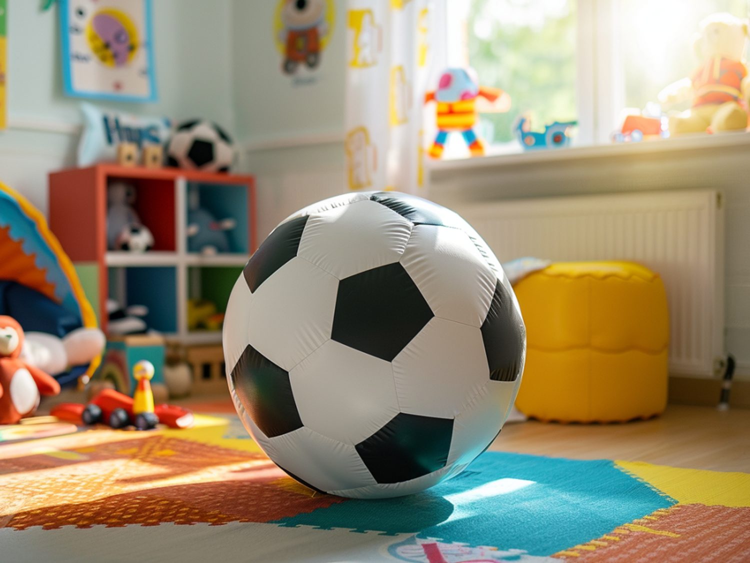 Pokój dziecięcy z piłką w rozmiarze XXL na środku pokoju