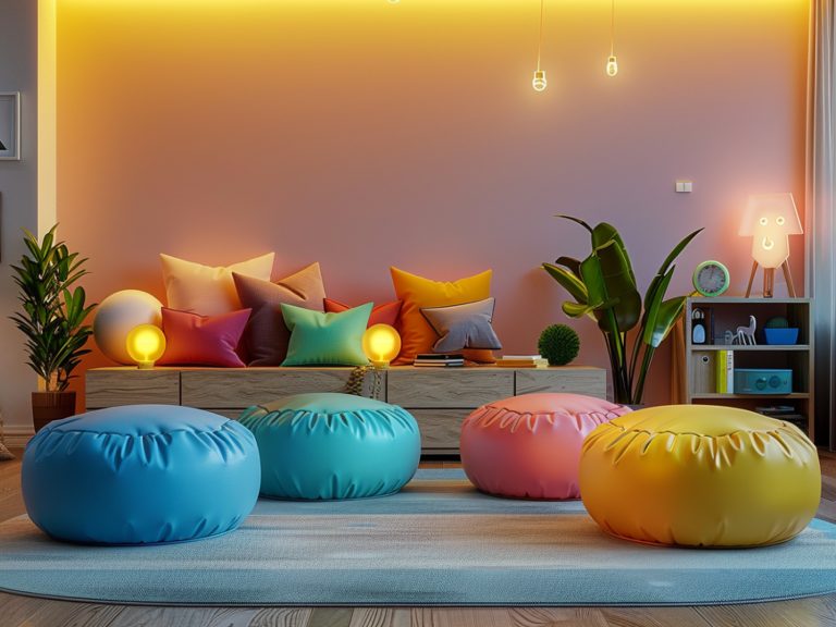 Kolorowe pufy w ogrodzie oświetlonym nastrojowymi lampkami