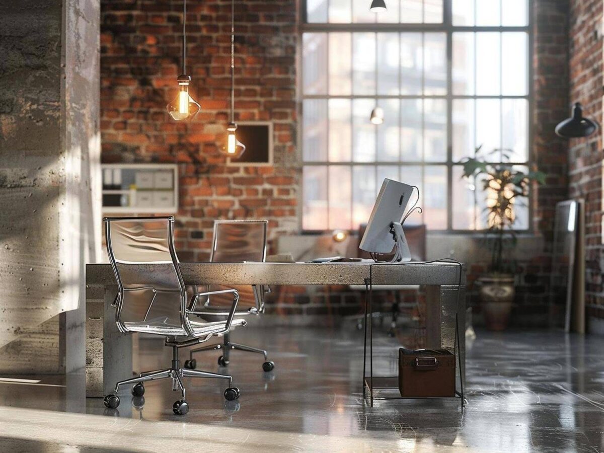 Biurko z przezroczystym krzesłem w industrialnym lofcie z cegłą