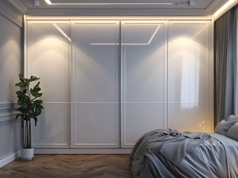 Białe drzwi przesuwne szafy w nowoczesnej sypialni