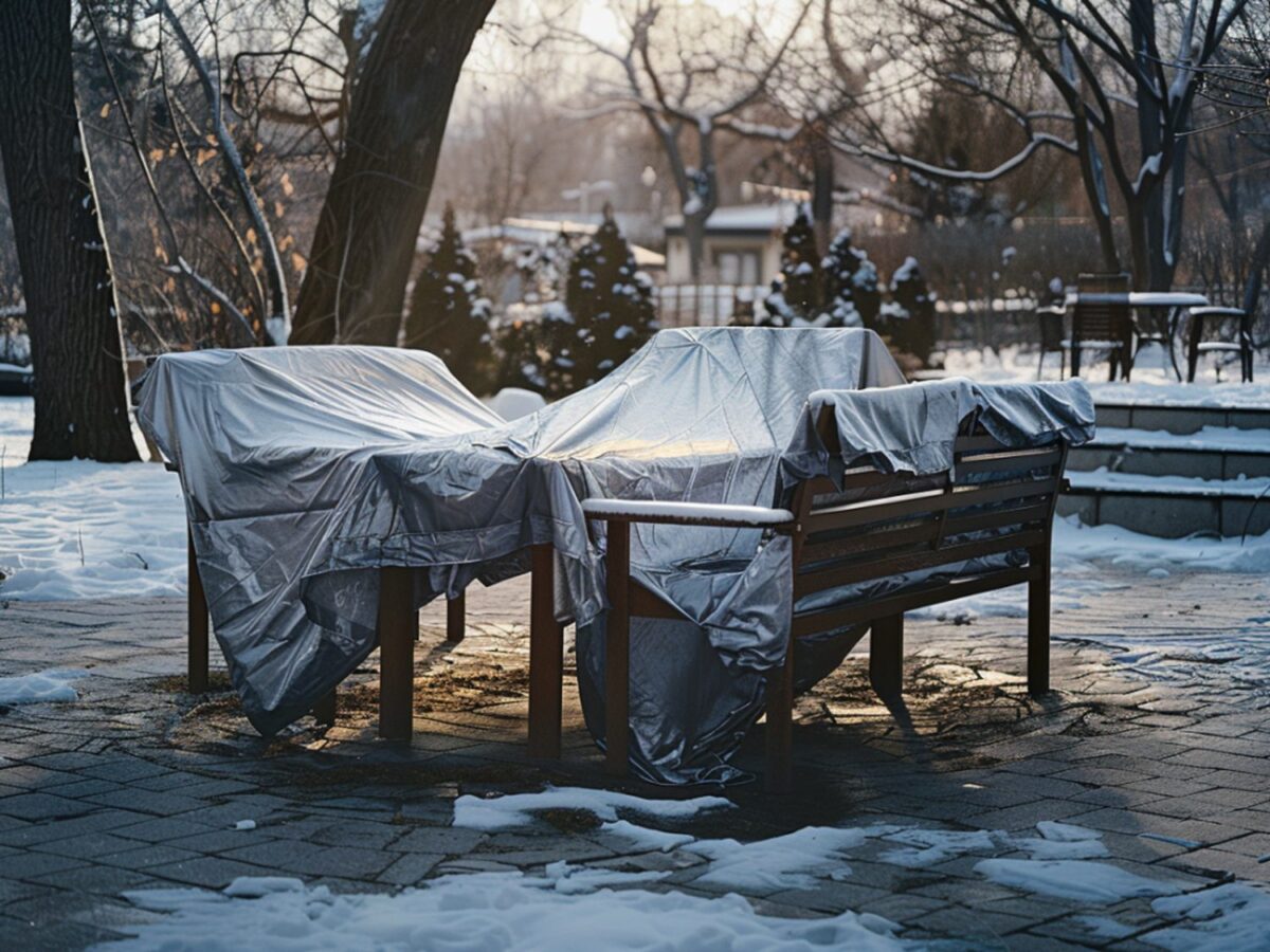Zestaw mebli ogrodowych przykryty folią ochronną na zimę