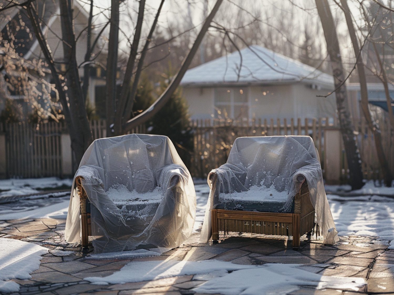 Zestaw ogrodowy z fotelami i stolikiem przed altaną