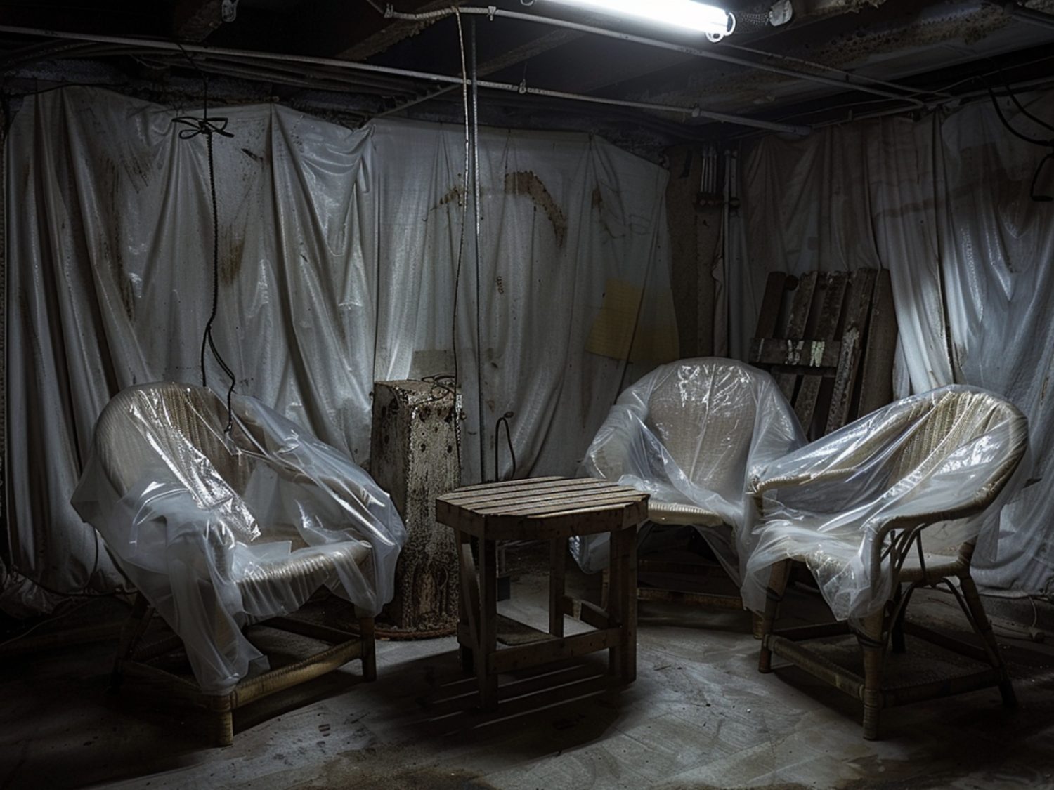 Zakryte folią meble w magazynie lub podczas remontu