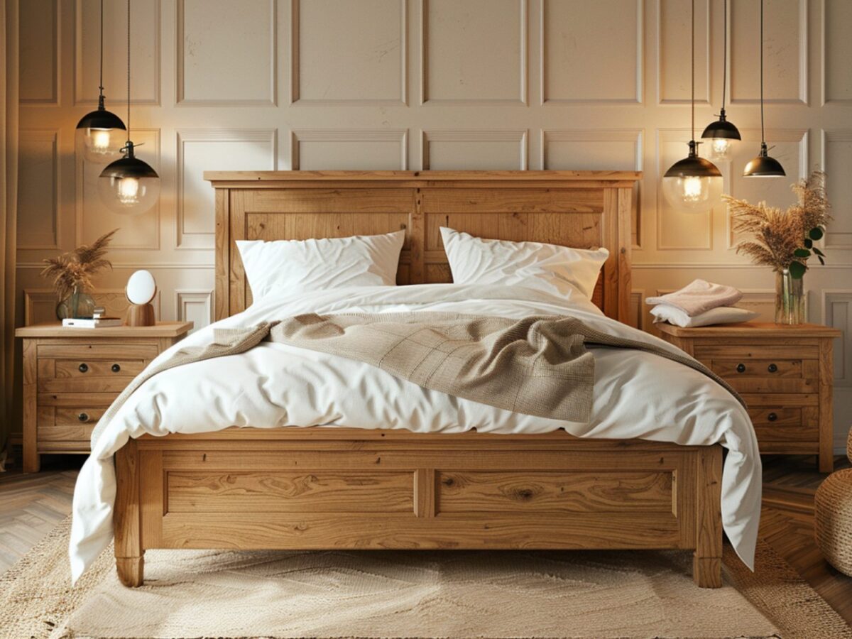 Łóżko sosnowe z zagłówkiem i kinkietami ściennymi