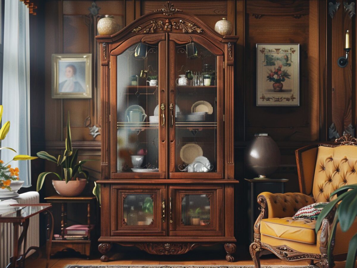 Klasyczna przeszklona witryna z rzeźbionymi elementami