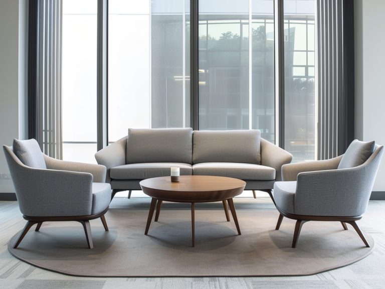 Minimalistyczny salon z sofą i stolikiem kawowym przy oknie