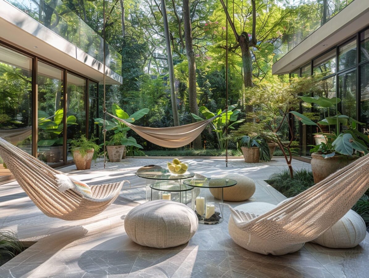 Nowoczesne fotele ogrodowe z technorattanu na tarasie z hamakiem