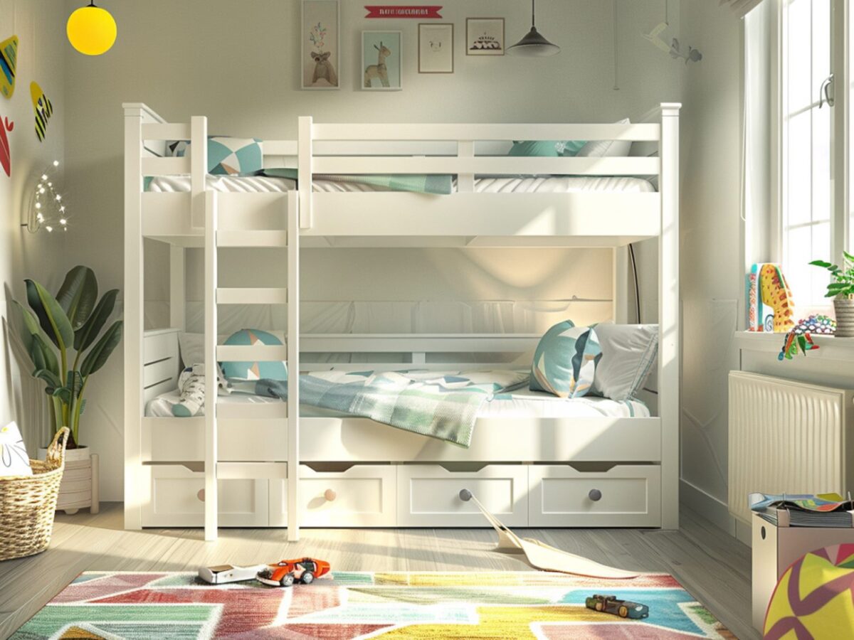 Pokój dziecięcy z piętrowym łóżkiem i szufladami do przechowywania