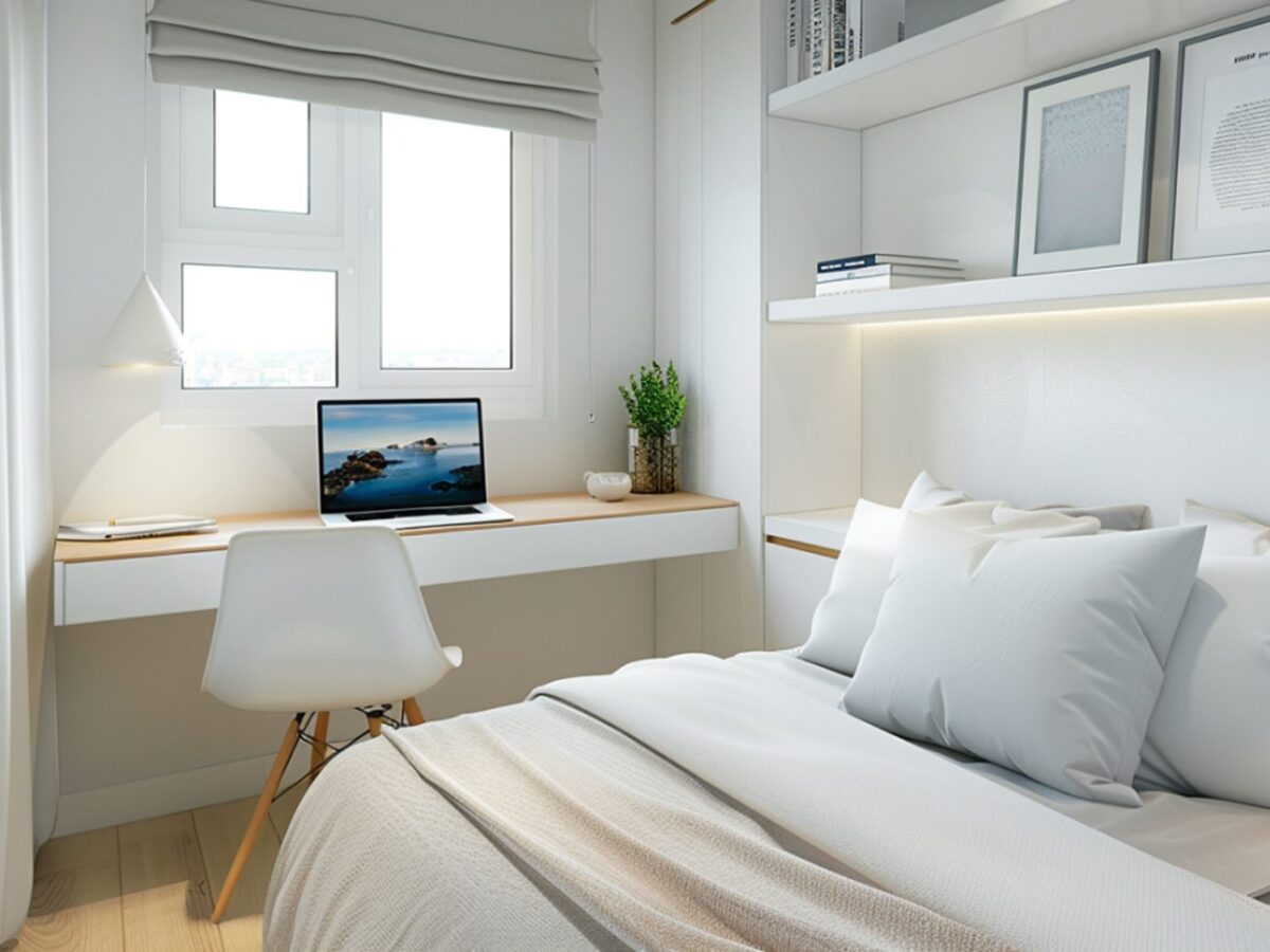 Pokój biurowy z rozkładaną sofą i biurkiem przy oknie