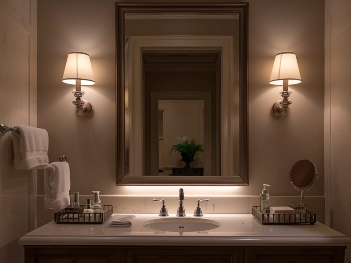 Luksusowa łazienka z dużym lustrem i podwójną umywalką