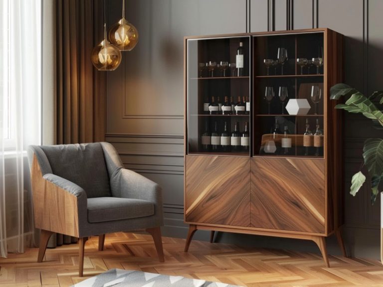 Witryna z litego drewna z przeszkleniami w stylu retro glamour