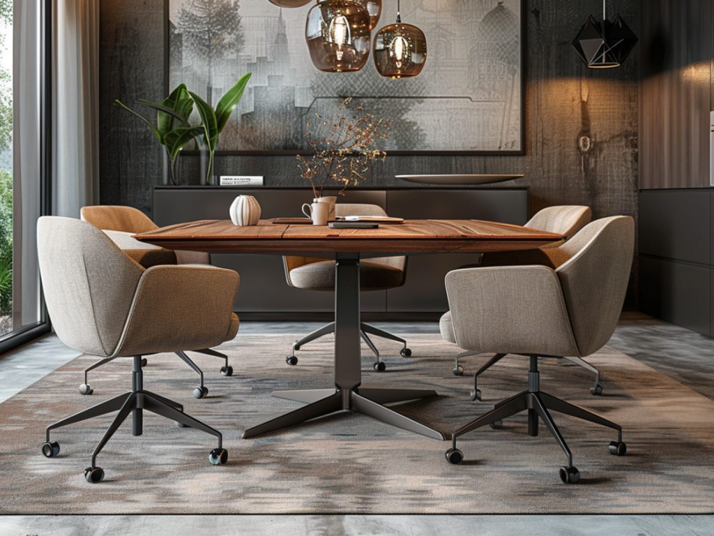 Okrągły stół do jadalni z nowoczesnymi krzesłami na kółkach