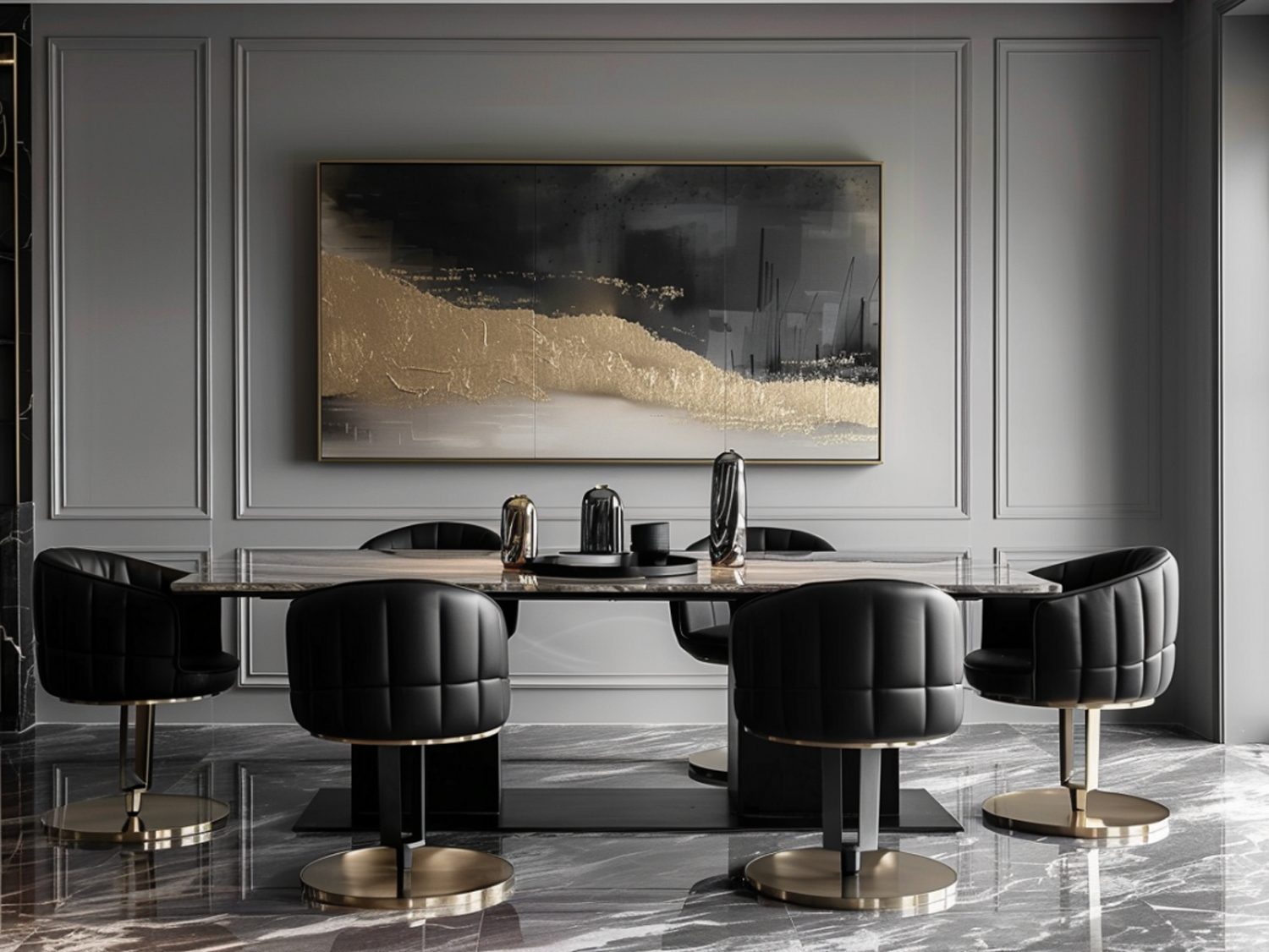 Nowoczesna jadalnia z czarnym stołem i obrazem abstrakcyjnym
