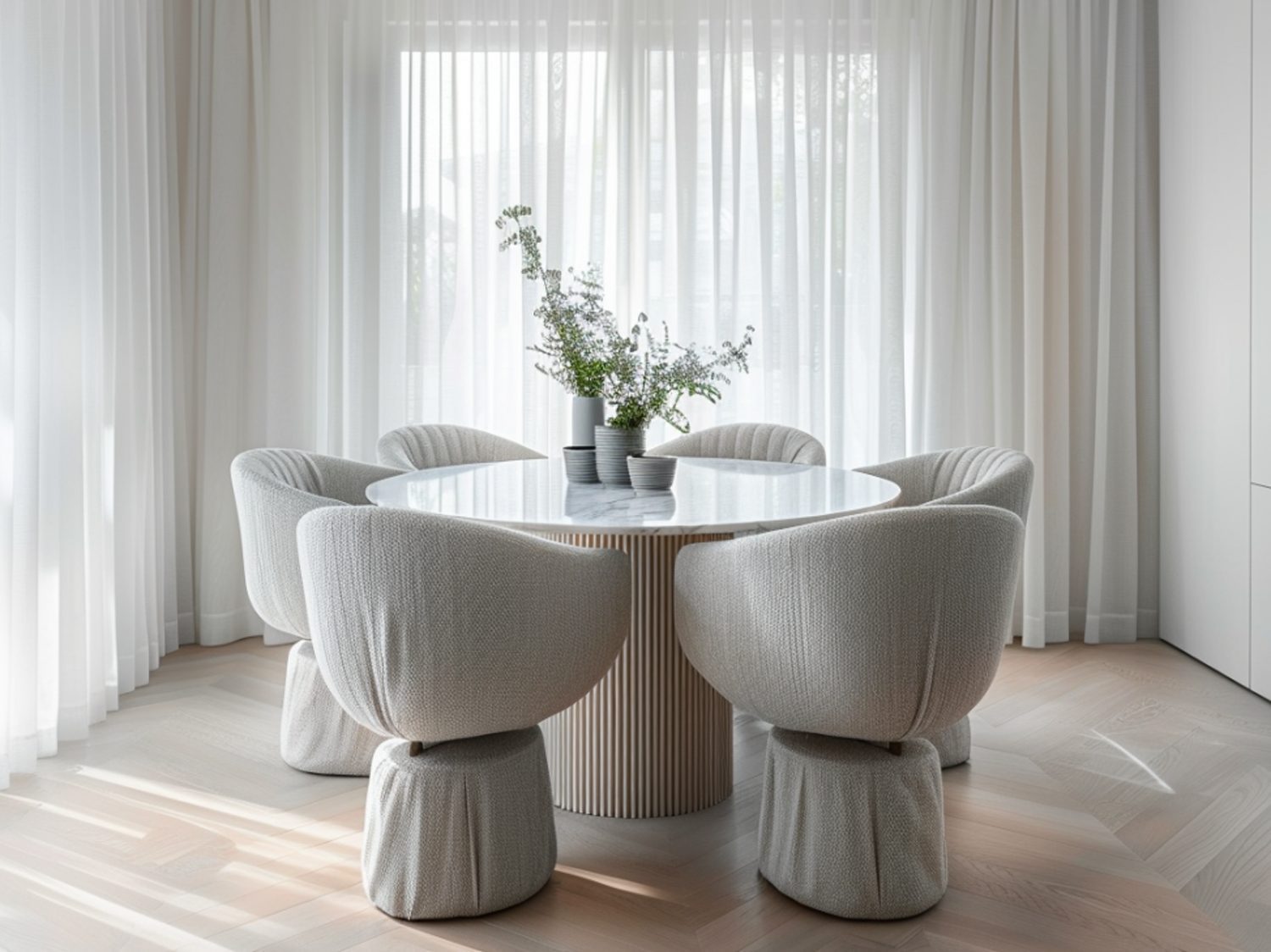 Biała jadalnia z fotelami typu boucle i rośliną w wazonie