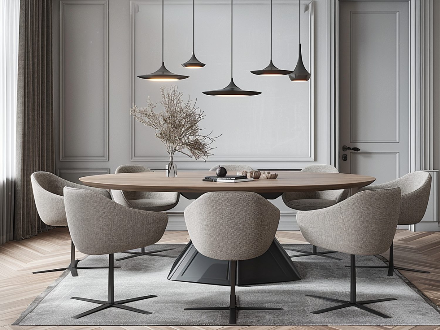 Owalny stół z nowoczesnymi tapicerowanymi krzesłami w jadalni