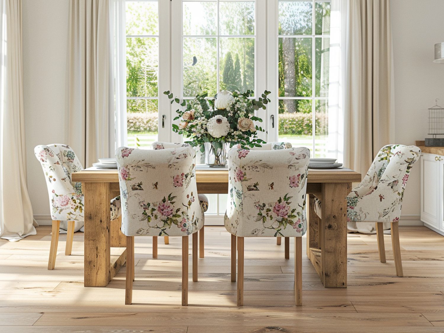 Jadalnia z kwiatowym wystrojem i zasłonami w pastelowych kolorach