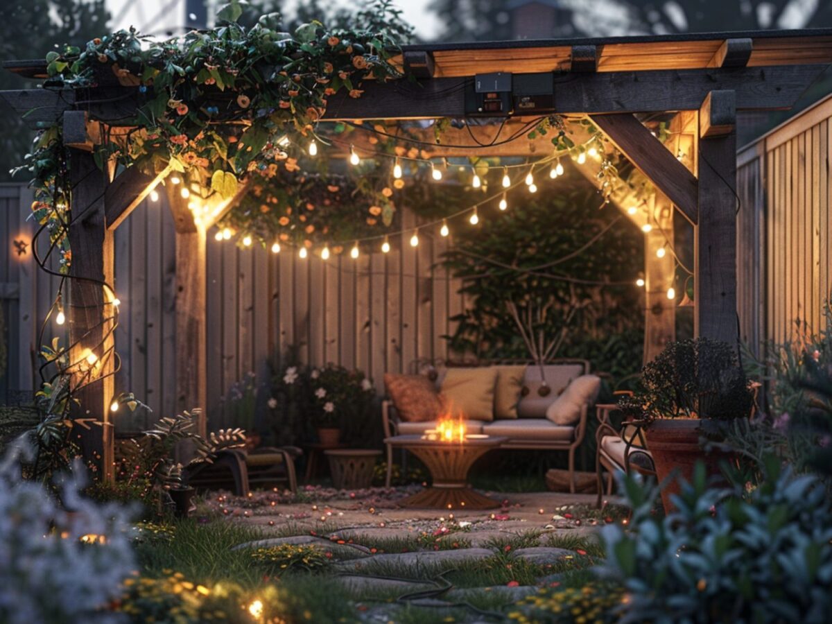 Altana ogrodowa z girlandami świetlnymi i meblami wypoczynkowymi