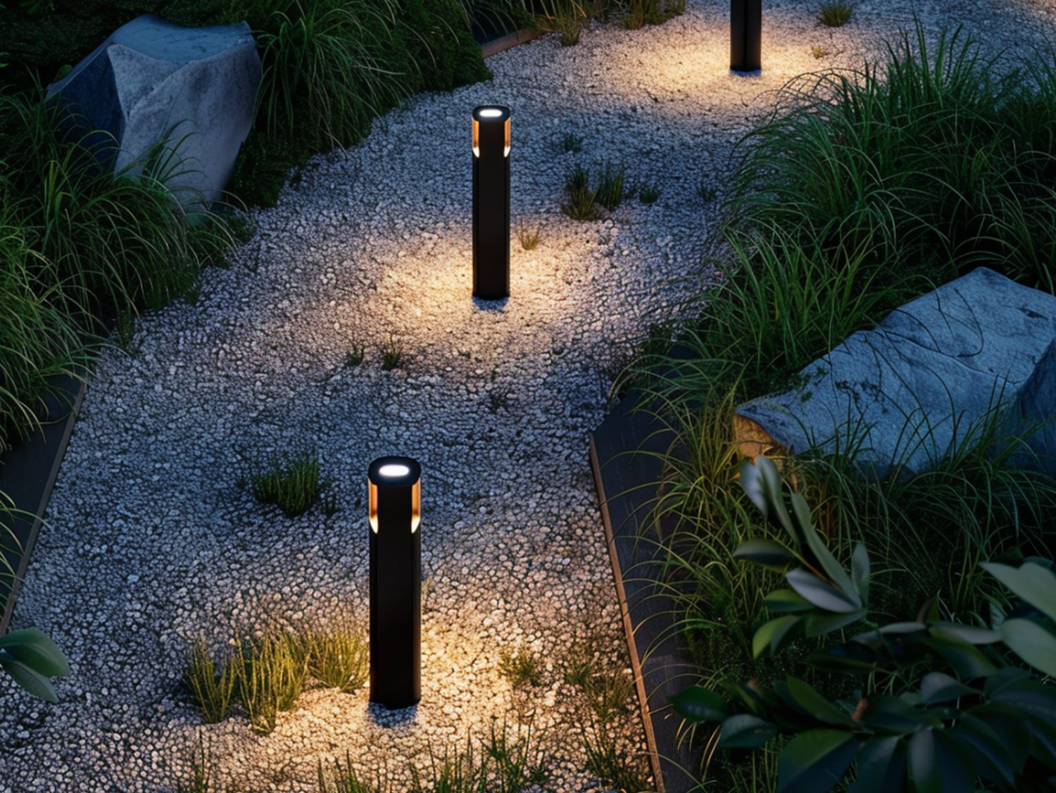 Ogród z nowoczesnym oświetleniem wzdłuż żwirowej alejki