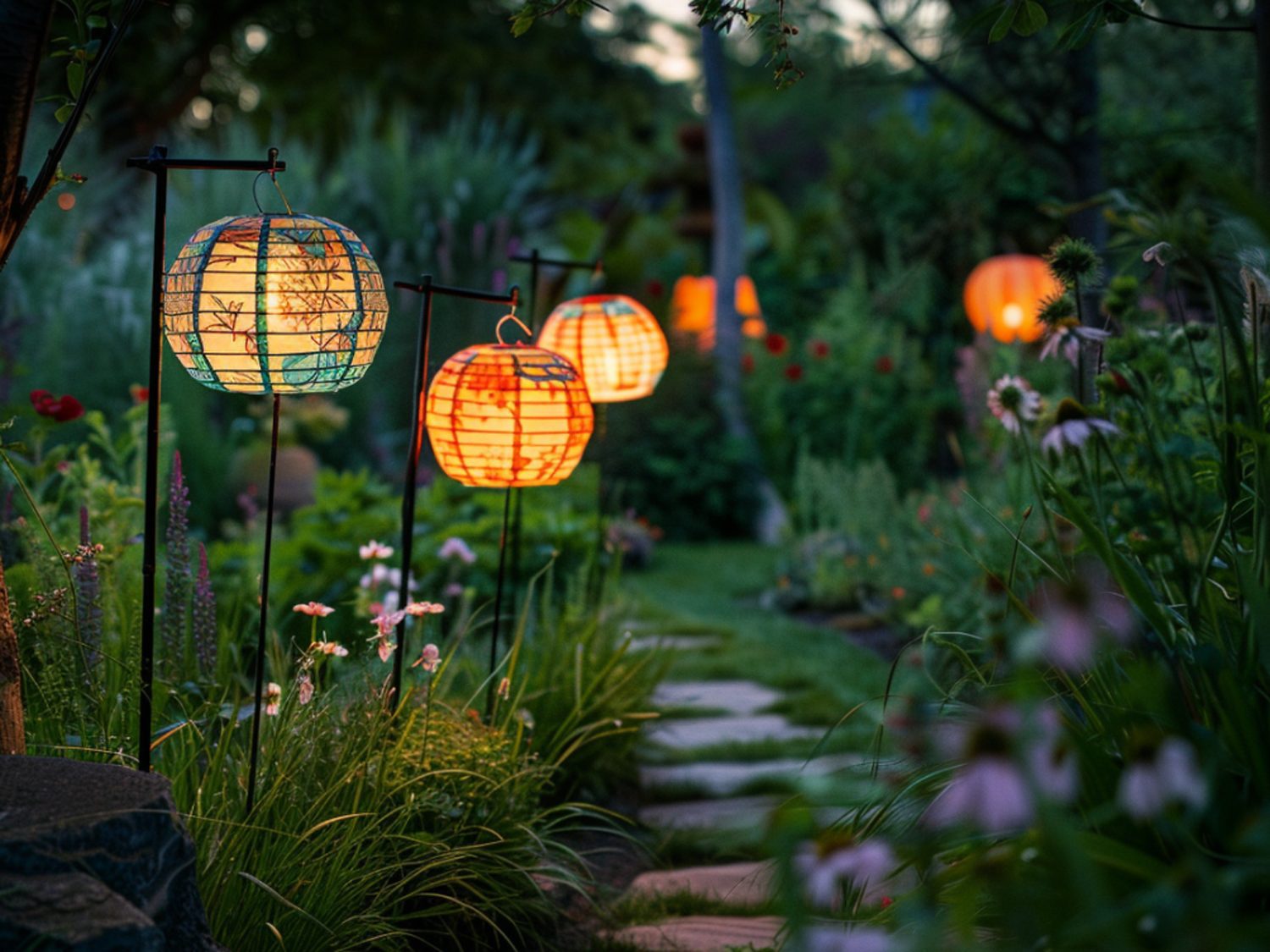 Ogród z kamienną ścieżką i podświetlanymi papierowymi lampionami
