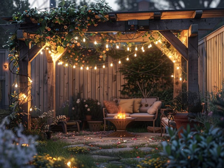Altana ogrodowa z girlandami świetlnymi i meblami wypoczynkowymi