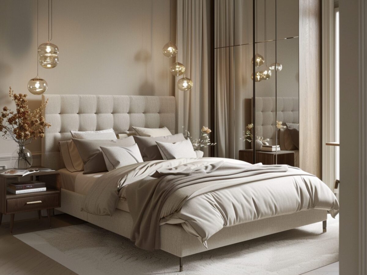 Sypialnia glamour z pikowanym łóżkiem i oświetleniem nocnym