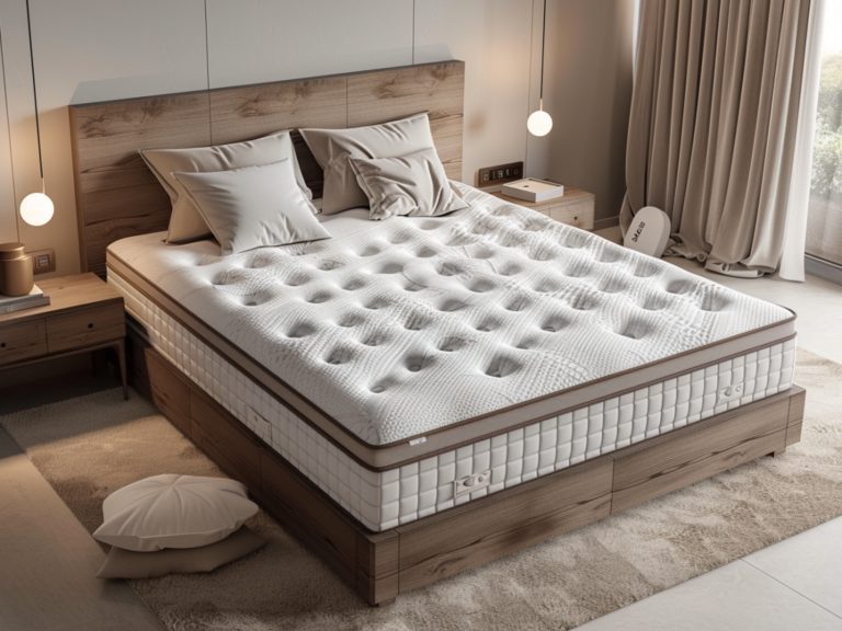 Materac nawierzchniowy na drewnianym łóżku w stylu skandynawskim