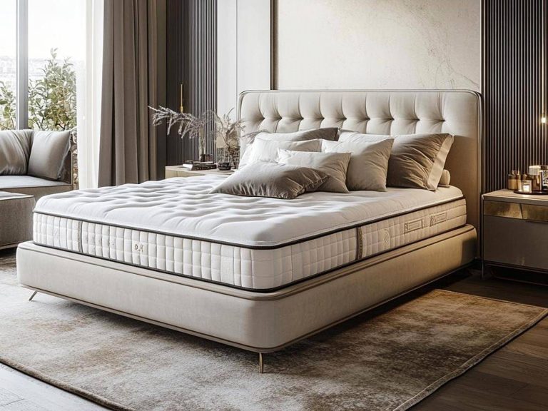 Beżowe tapicerowane łóżko z wysokim zagłówkiem w eleganckiej sypialni