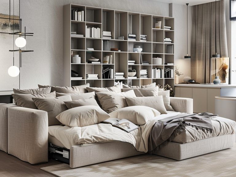Nowoczesna sypialnia z dużym łóżkiem i zabudowaną biblioteczką