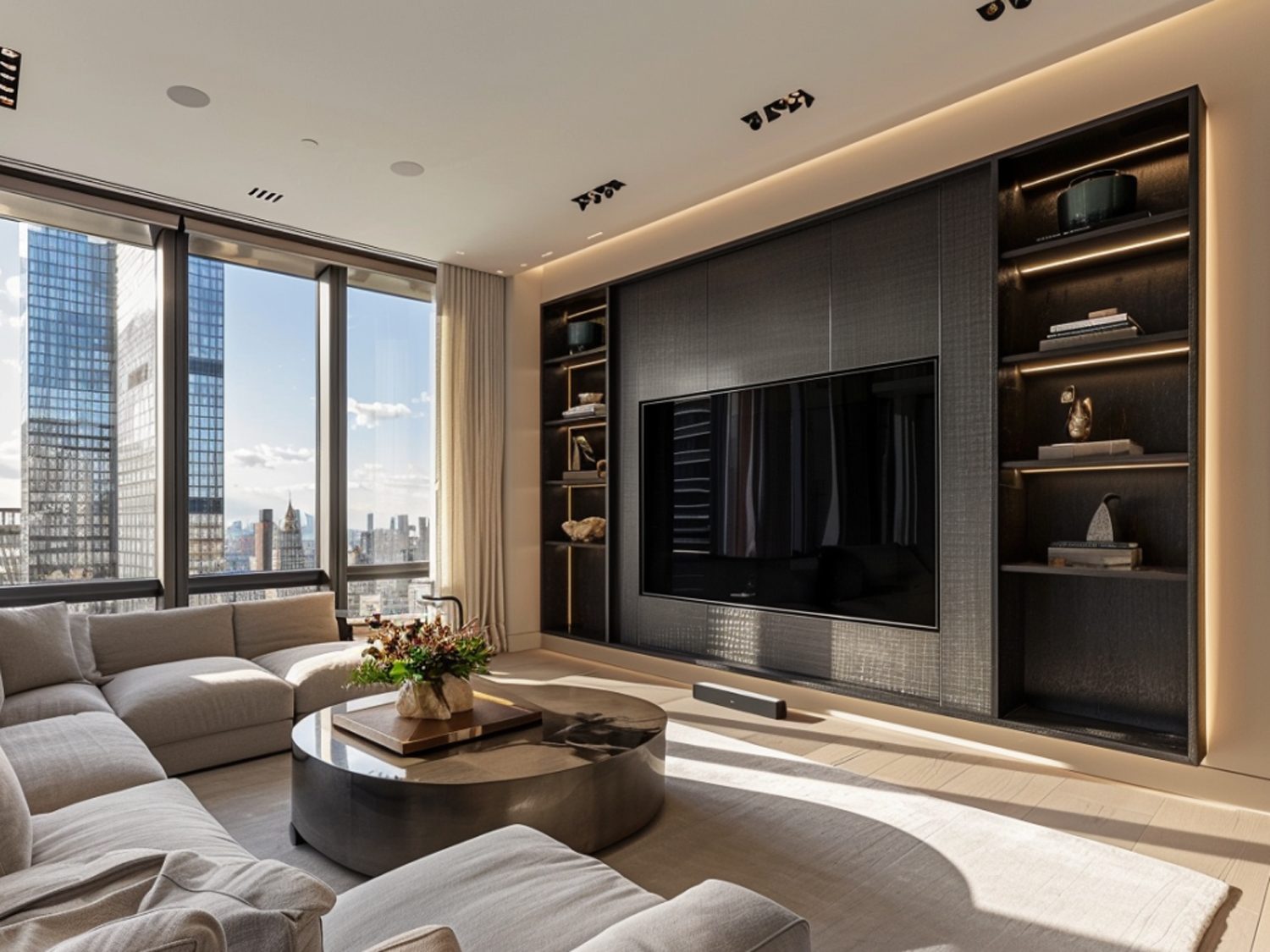 Nowoczesny salon z dużym narożnikiem i telewizorem na ścianie