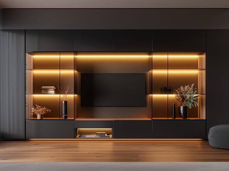 Ciemna ściana RTV z podświetleniem LED i drewnianymi półkami