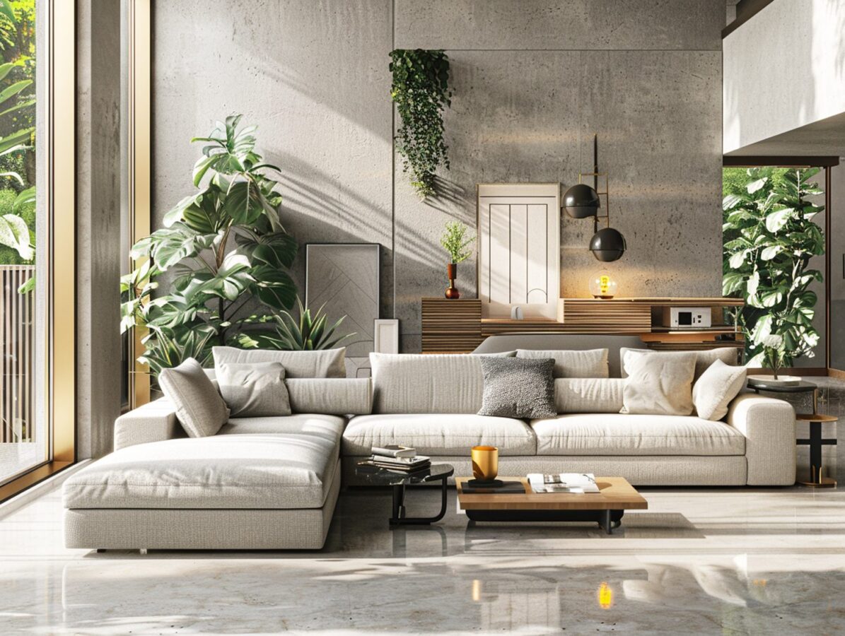 Duży beżowy narożnik w loftowym salonie z roślinami i betonem