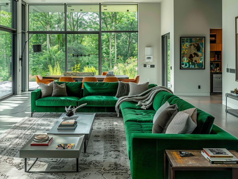 Zielona sofa w salonie z dużym oknem i widokiem na ogród