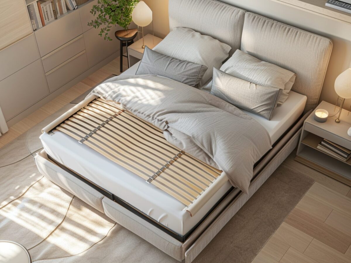 Jasnoszare łóżko tapicerowane z pojemnikiem na pościel