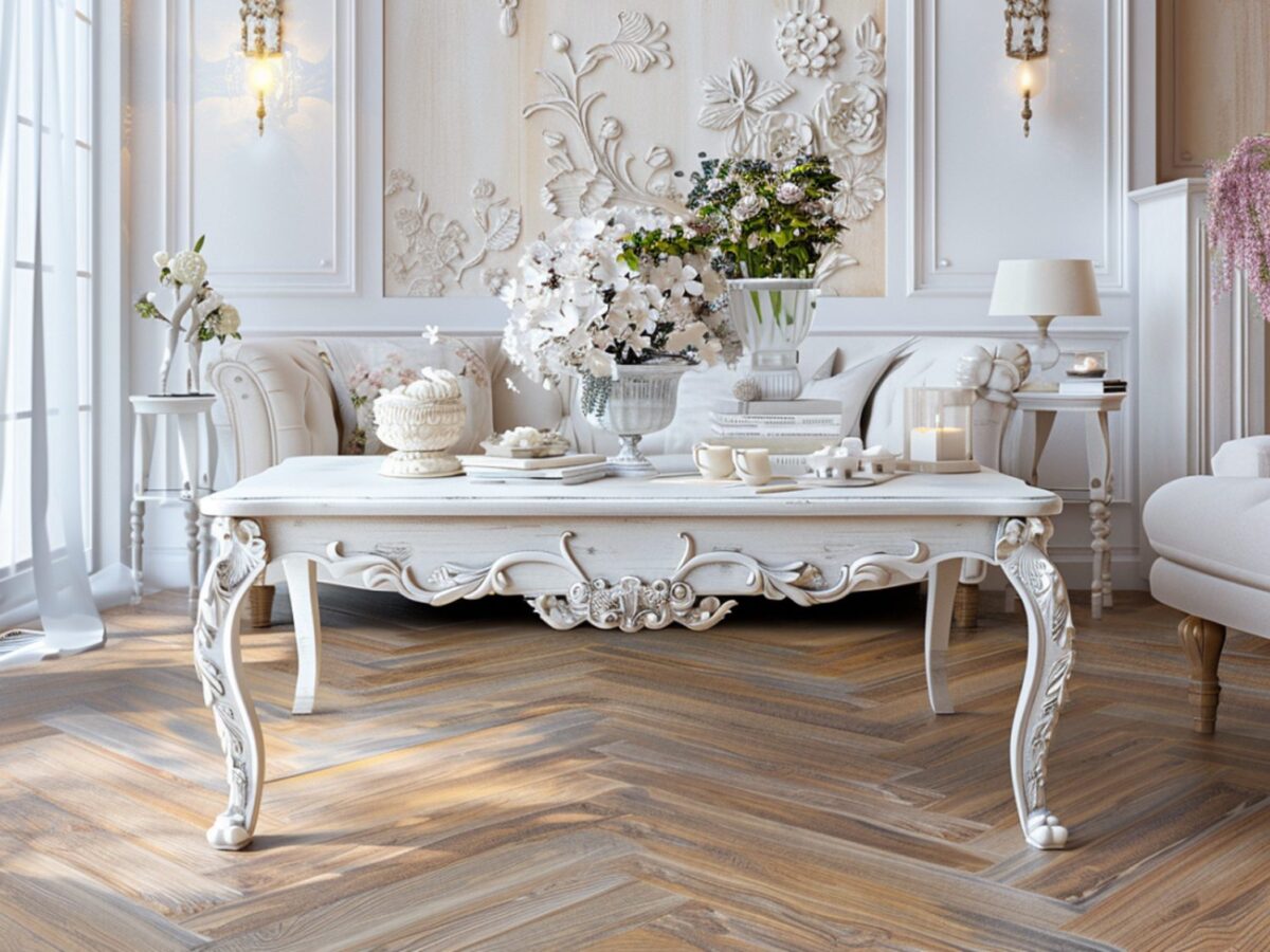 Biała jadalnia glamour ze zdobionym stołem i eleganckimi dodatkami